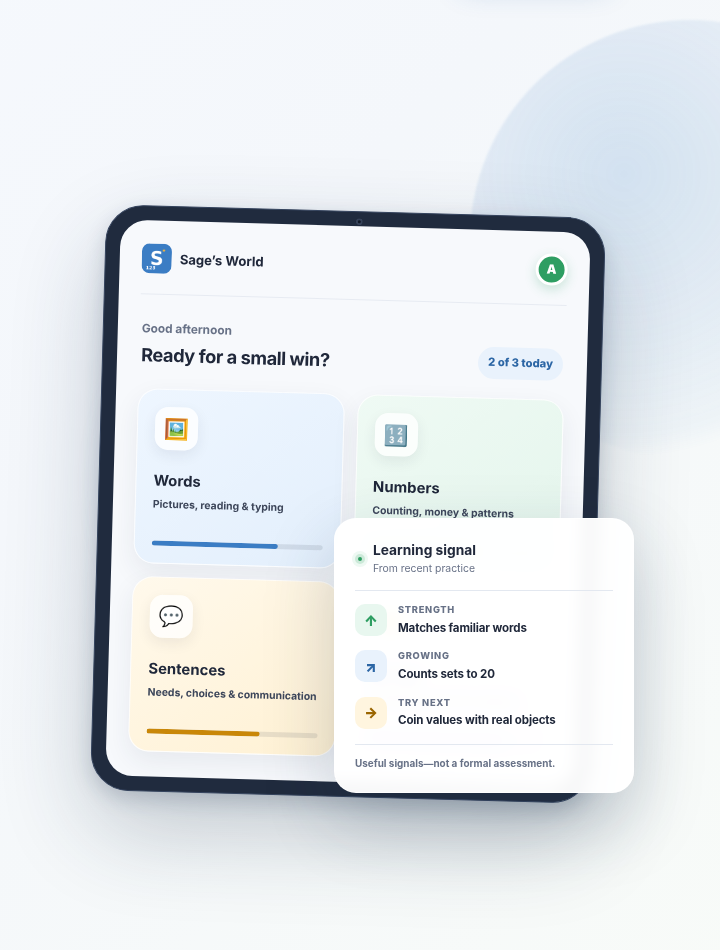 Sage's World learning app and progress signals