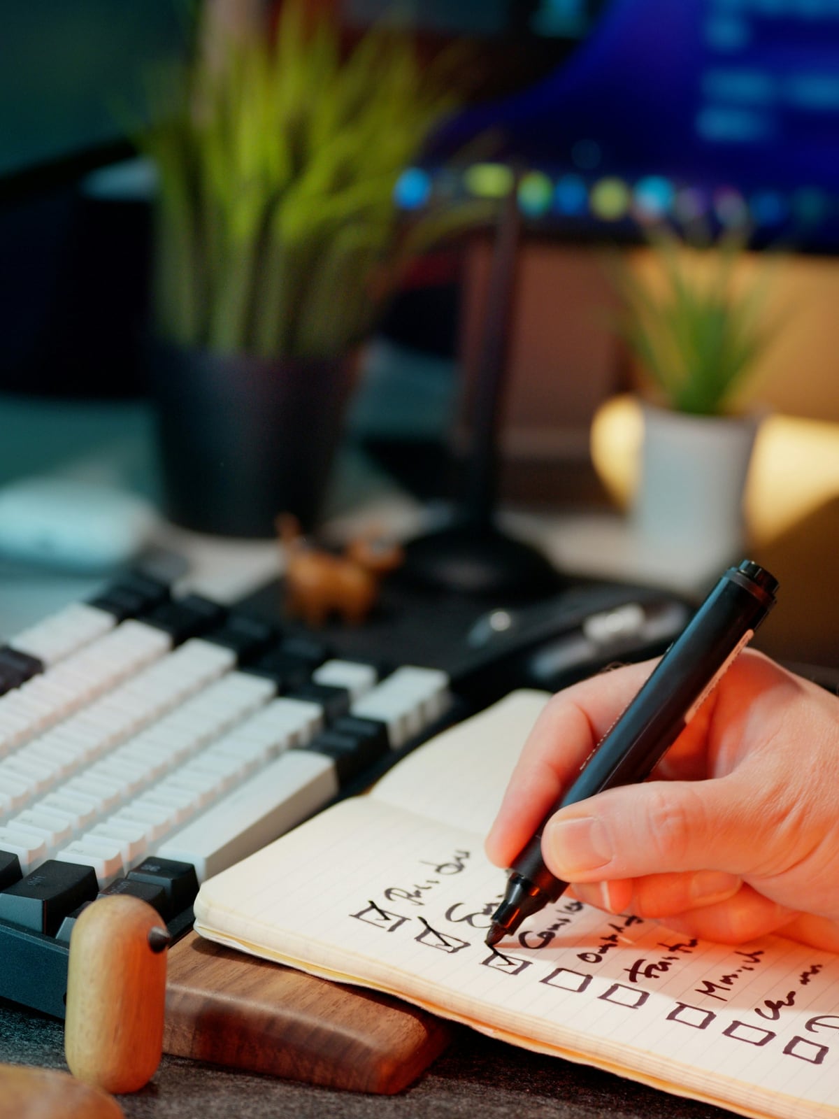 A person marking checkboxes in a notebook beside a computer