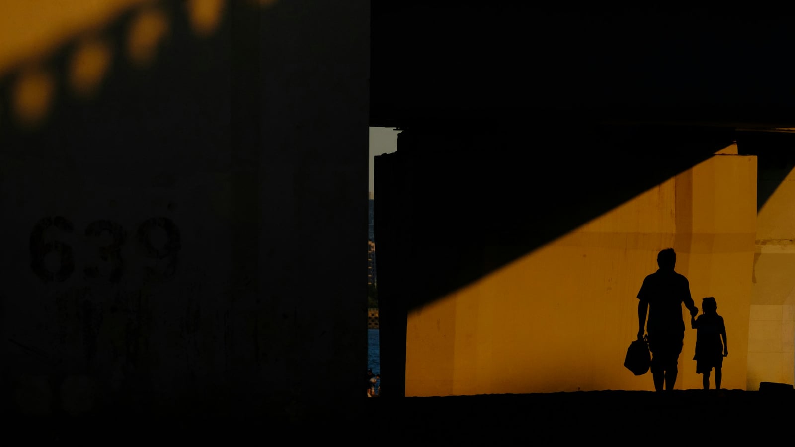 Silhouettes of an adult and child holding hands while walking under a bridge