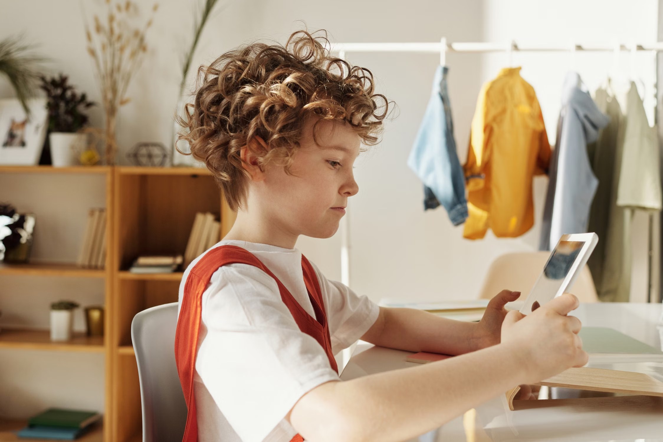 A child sits at a desk and uses a tablet in a bright room
